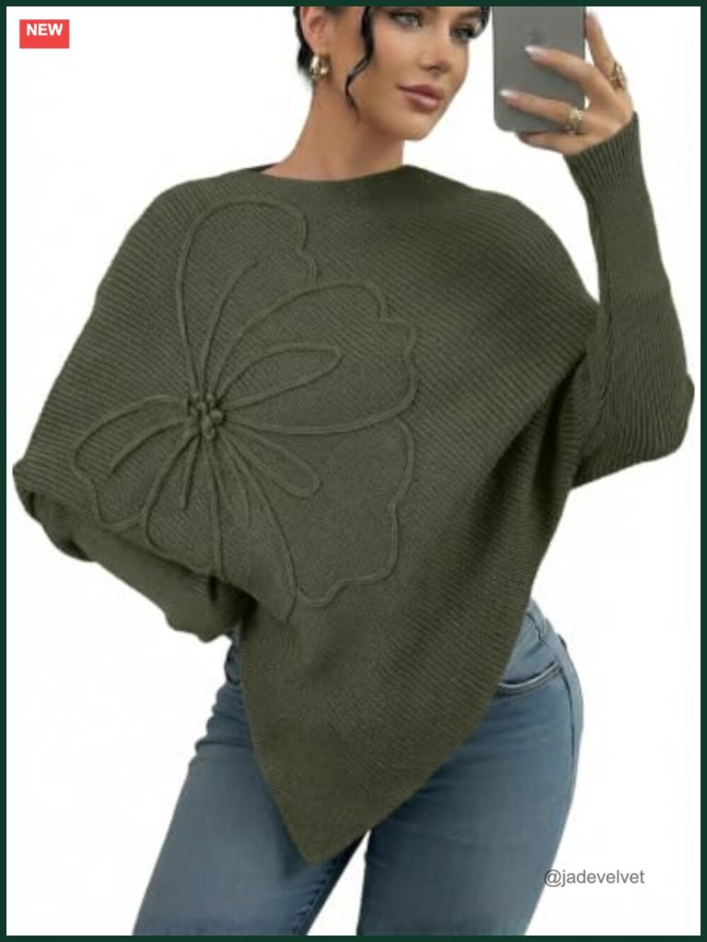Women's Asymmetrical Poncho Knit Pullover Sweater Batwing Sleeve 3D Floral